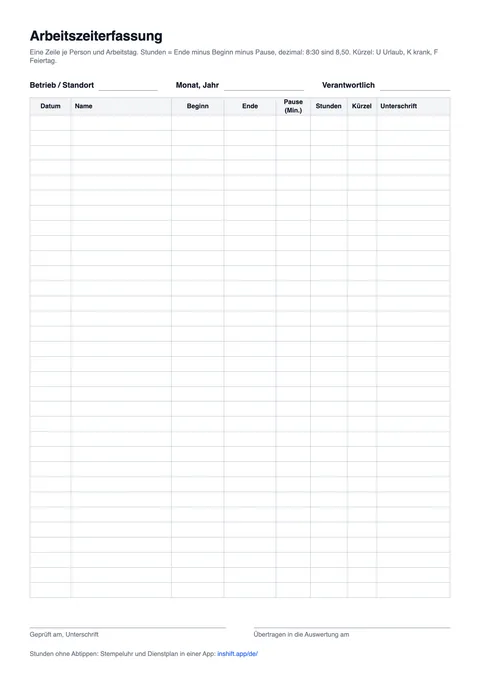 Arbeitszeiterfassung als PDF: Betrieb, Monat, Verantwortlich, Tabelle mit Datum, Name, Beginn, Ende, Pause, Stunden, Kürzel und Unterschrift, 32 leere Zeilen