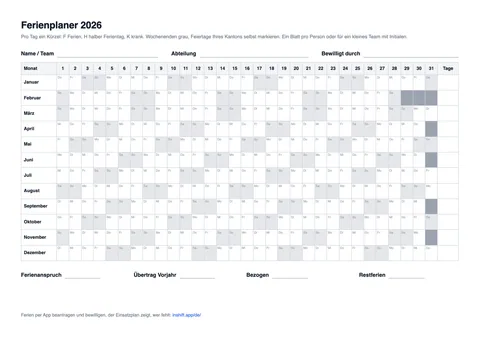 Ferienplaner 2026 als PDF im Querformat: zwölf Monate untereinander mit den Tagen 1 bis 31, Wochenenden grau, darunter Felder für Ferienanspruch, Übertrag, bezogen und Restferien