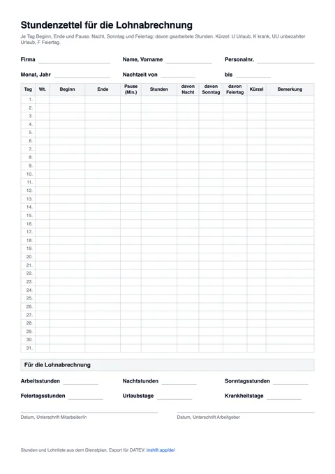 Stundenzettel für die Lohnabrechnung als PDF: Kopf mit Firma, Name, Personalnummer, Monat und Nachtzeit, Tabelle für die Tage 1 bis 31, darunter Summen für die Lohnabrechnung und zwei Unterschriften