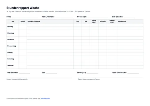 Stundenrapport Woche als PDF im Querformat: Firma, Name, Woche und Soll, Tabelle Montag bis Sonntag mit je zwei Zeilen für Auftrag, von, bis, Pause, Stunden, Spesen und Bemerkung, darunter Totale und Visum