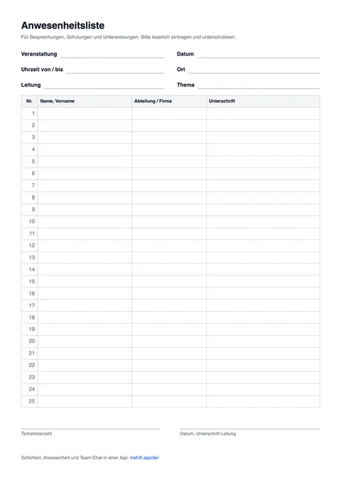 Anwesenheitsliste für Besprechung und Schulung als PDF: Veranstaltung, Datum, Uhrzeit, Ort, Leitung, Thema und 25 Zeilen mit Name, Abteilung und Unterschrift