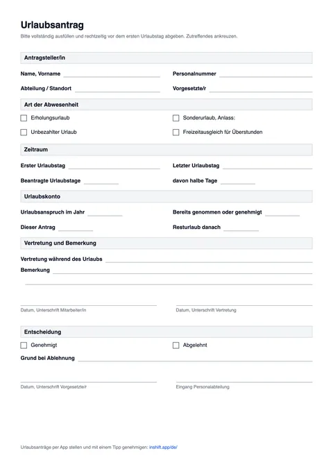 Urlaubsantrag Vorlage als PDF: Antragsteller, Art der Abwesenheit zum Ankreuzen, Zeitraum, Urlaubskonto, Vertretung, Unterschriften und Entscheidung genehmigt oder abgelehnt