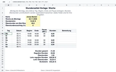 Die Stundenzettel-Vorlage für eine Woche: Montag 02.11. bis Sonntag 08.11.2026, Beginn, Ende und Pause je Tag, 41,50 Stunden, davon 1,50 Überstunden ab 40, Stundenlohn 15,50 € und 643,25 € Bruttolohn