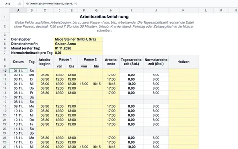Arbeitszeitaufzeichnung in Excel: Dienstgeber Mode Steiner GmbH in Graz, Dienstnehmerin Anna Gruber, November 2026, je Tag Arbeitsbeginn, Pause 1 und Pause 2 mit von und bis, Arbeitsende, Tagesarbeitszeit und Normalarbeitszeit