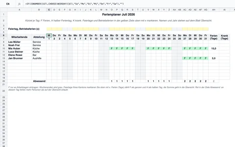 Ferienplaner Juli 2026 in Excel: sechs Mitarbeitende aus Service, Küche und Bar, je Tag ein Kürzel F für Ferien, Wochenenden grau, oben eine gelbe Zeile für Feiertage und Betriebsferien, rechts die Ferientage im Monat