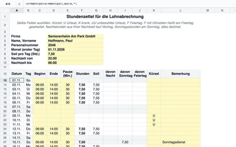 Stundenzettel für die Lohnabrechnung in Excel: Firma, Name, Personalnummer, Monat, Soll und Nachtzeit 22:00 bis 06:00, darunter je Tag Beginn, Ende, Pause, Stunden, Soll, davon Nacht, Sonntag und Feiertag, Kürzel und Bemerkung