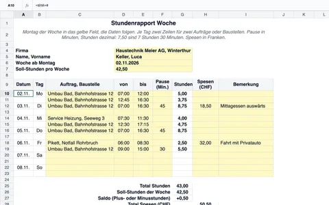 Stundenrapport Woche in Excel: Haustechnik Meier AG in Winterthur, Mitarbeiter Luca Keller, Woche ab 02.11.2026, je Tag Auftrag oder Baustelle, von, bis, Pause, Stunden, Spesen in CHF und Bemerkung, darunter Total 43,00 Stunden bei 42,50 Soll