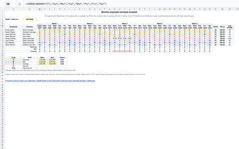 The monthly employee schedule template: eight people over five weeks with O, M and C codes, coverage rows for opening, mid and closing, and four closing days in red during a week of PTO