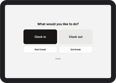 InShift terminal screen “What would you like to do?” with the buttons “Clock in”, “Clock out”, “Start break”, “End break”