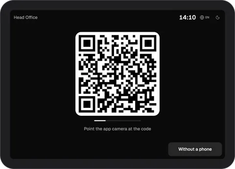 InShift terminal screen in the dark theme: a white QR code on a dark background, the clock and the “Without a phone” button