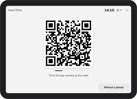 InShift-Terminal auf einem Tablet: Code zum Scannen, Uhr und Button „Without a phone“