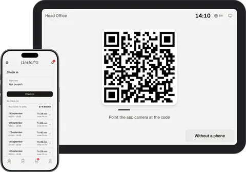 InShift terminal on a tablet with a code to scan, and the InShift app on an iPhone with the “Check in” screen