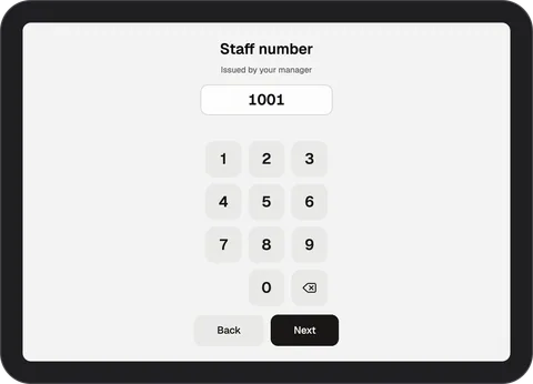 InShift terminal screen “Staff number” with the hint “Issued by your manager”, the number 1001 typed and an on-screen keypad