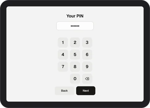 InShift terminal screen “Your PIN” with masked digits and a keypad